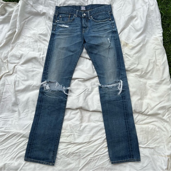 AG Straight Leg Selvedge Jeans Distressed Ripped Knees Medium Blue Wash - Picture 3 of 11